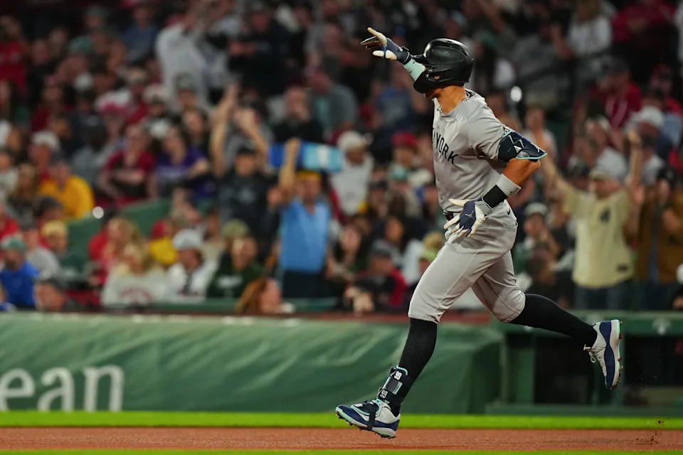 BOSTON, MA - SEPTEMBER 12:   Aaron Judge #99 of the New York Yankees rounds the bases after hitting a solo home run in the first inning during the game between the New York Yankees and the Boston Red Sox at Fenway Park on Friday, September 12, 2025 in Boston, Massachusetts. (Photo by Daniel Shirey/MLB Photos via Getty Images)