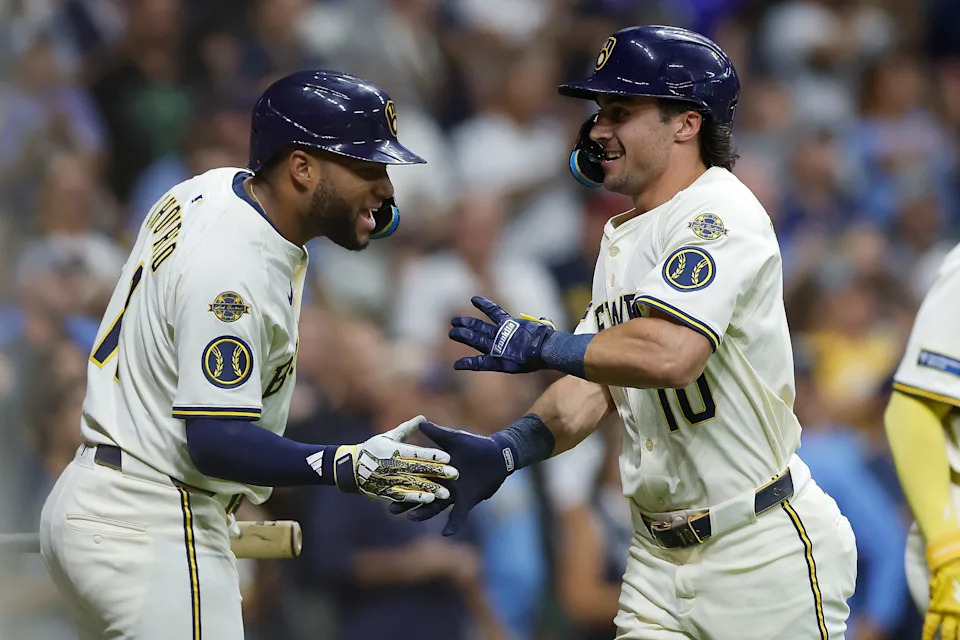 MILWAUKEE, WISCONSIN - SEPTEMBER 17: Sal Frelick #10 of the Milwaukee Brewers celebrates his three-run homer with Jackson Chourio #11 in the second inning against the Los Angeles Angels at American Family Field on September 17, 2025 in Milwaukee, Wisconsin. (Photo by John Fisher/Getty Images)