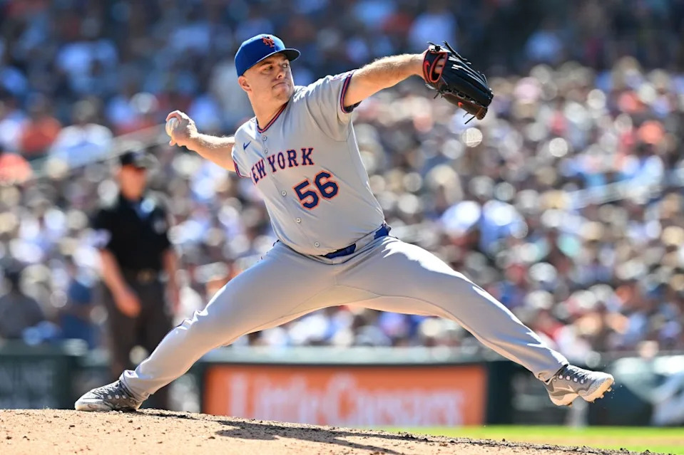 New York Mets pitcher Ryan Helsley (56) throws a pitch against the Detroit Tigers in the seventh inning at Comerica Park. Lon Horwedel-Imagn Images
