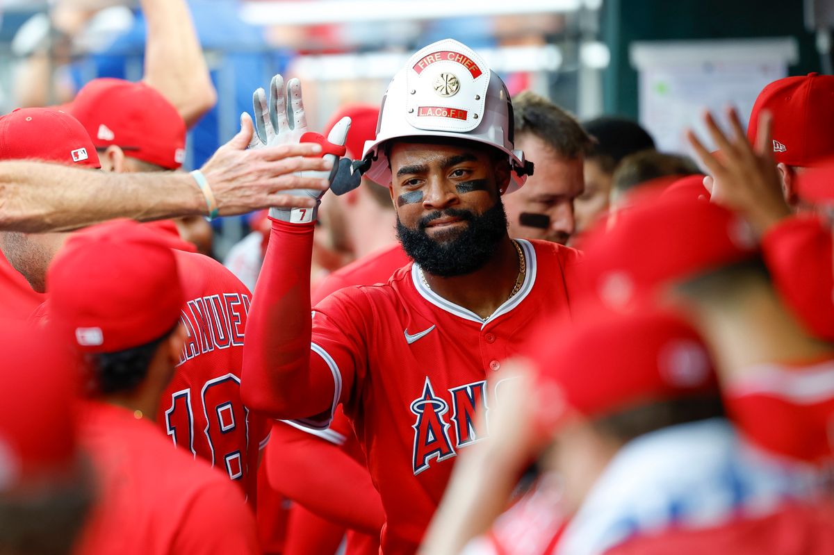 Jo Adell #7 of the Los Angeles Angels celebrates a home run during a game against the Philadelphia Phillies at Citizens Bank Park on July 19, 2025, in Philadelphia, Pennsylvania. Jo Adell #7 of the Los Angeles Angels celebrates a home run during a game against the Philadelphia Phillies at Citizens Bank Park on July 19, 2025, in Philadelphia, Pennsylvania.
