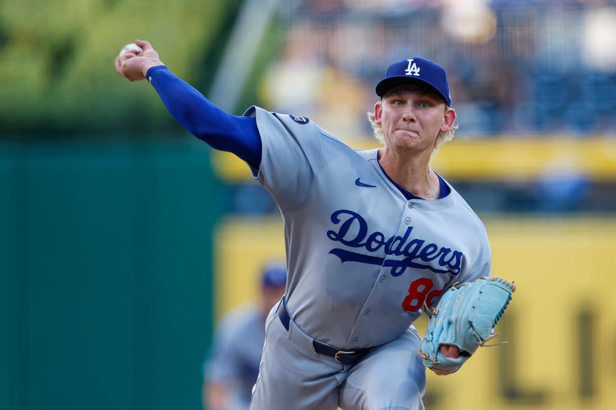 Emmet Sheehan #80 pitches against the Pirates at PNC Park on September 03, 2025 in Pittsburgh.