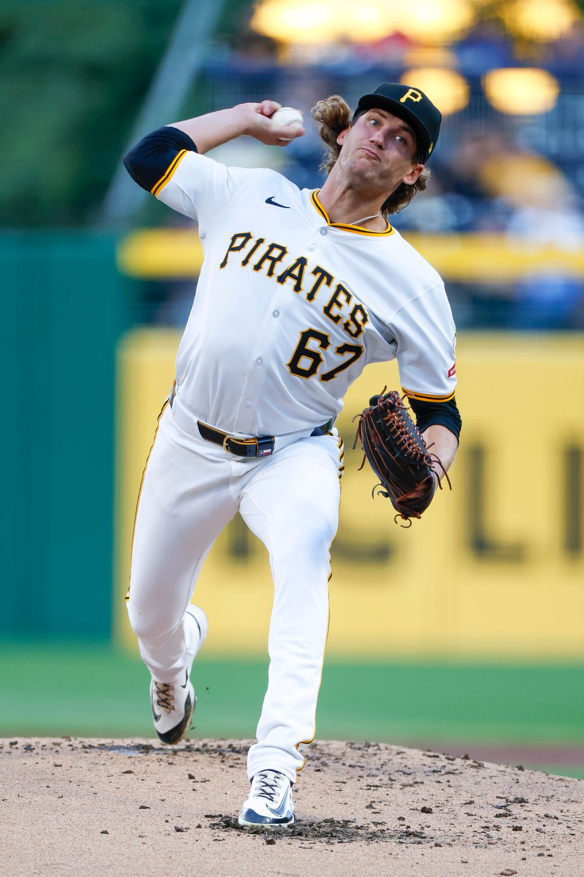 Braxton Ashcraft #67 pitches against the Dodgers at PNC Park on September 03, 2025 in Pittsburgh.