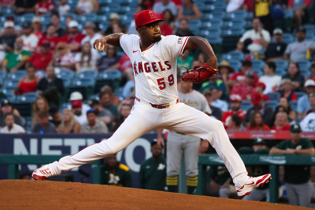 Los Angeles Angels right handed pitcher José Soriano (59) delivers a pitch during the MLB game against the Sacramento Athletics Friday September 5th, 2025 at Angel's Stadium in Anaheim, Calif. Los Angeles Angels right handed pitcher José Soriano (59) delivers a pitch during the MLB game against the Sacramento Athletics Friday September 5th, 2025 at Angel's Stadium in Anaheim, Calif.