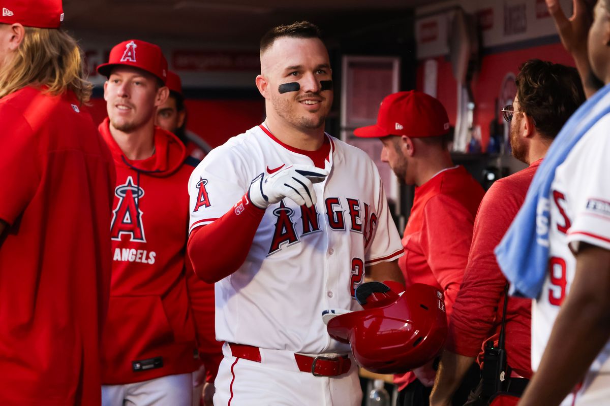 Los Angeles Angels infielder Mike Trout (27) in the dugout during the MLB game against the Sacramento Athletics Friday September 5th, 2025 at Angel's Stadium in Anaheim, Calif. Los Angeles Angels infielder Mike Trout (27) in the dugout during the MLB game against the Sacramento Athletics Friday September 5th, 2025 at Angel's Stadium in Anaheim, Calif.