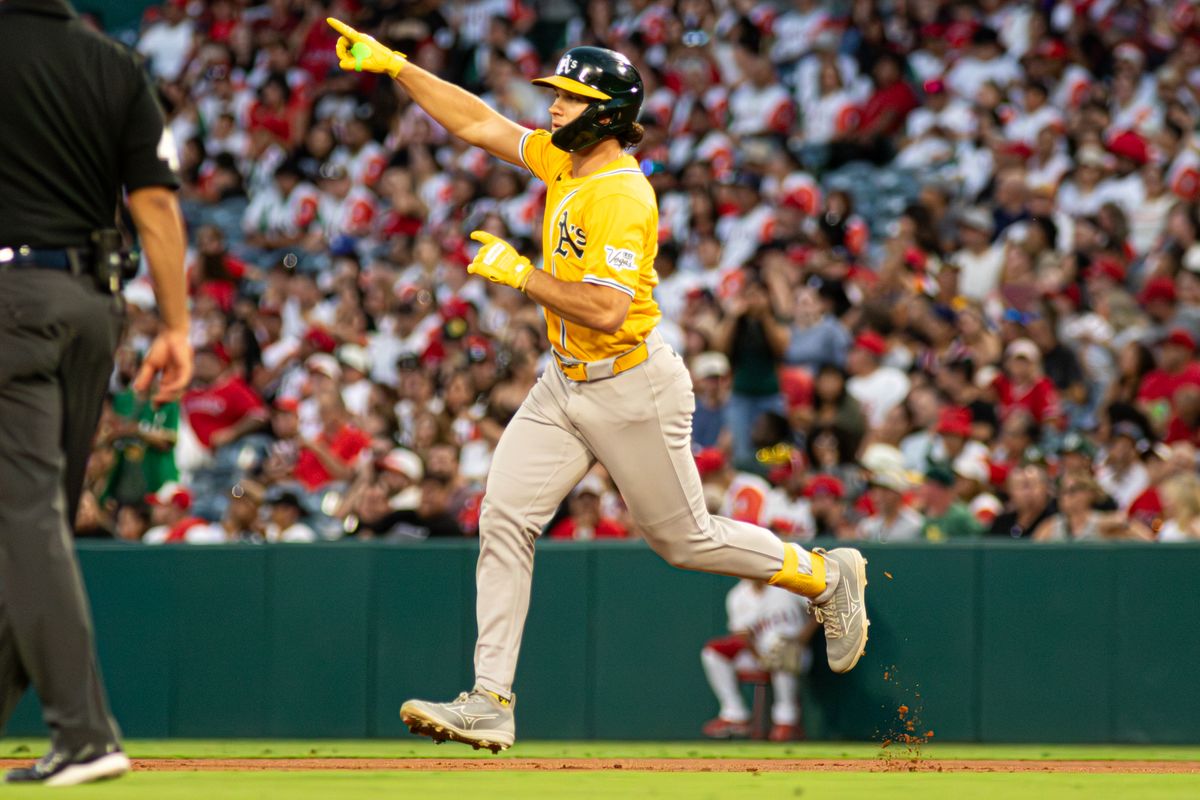 Sacramento Athletics Outfielder Colby Thomas (32) celebrates around the bases after hitting a 3-run homerun during the MLB game against the Los Angeles Angels Saturday September 6th, 2025 at Angel's Stadium in Anaheim, Calif.