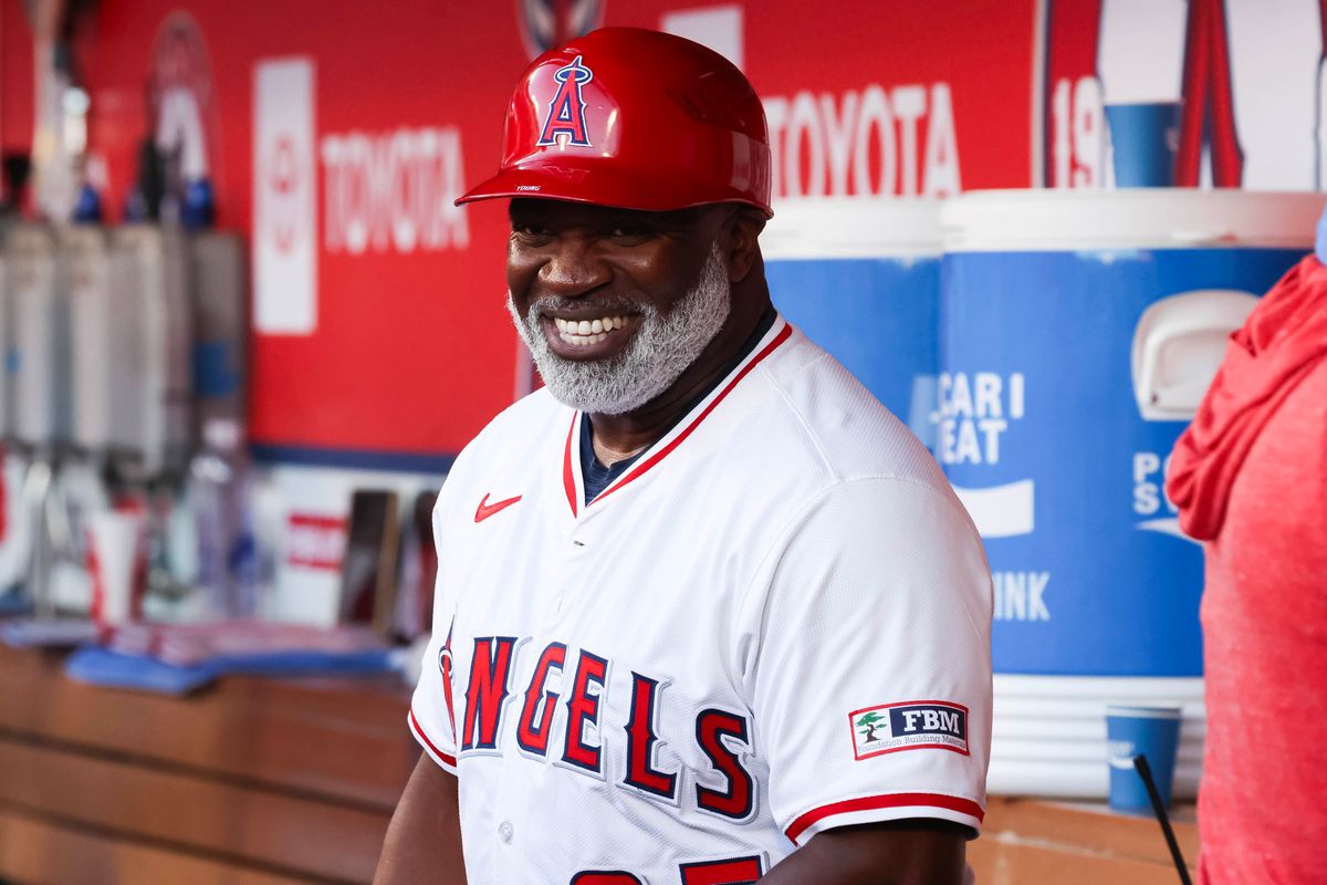 Los Angeles Angels right first base coach Eric Young Sr. in the dugout during the MLB game against the Minnesota Twins Monday September 8th, 2025 at Angel's Stadium in Anaheim, Calif.