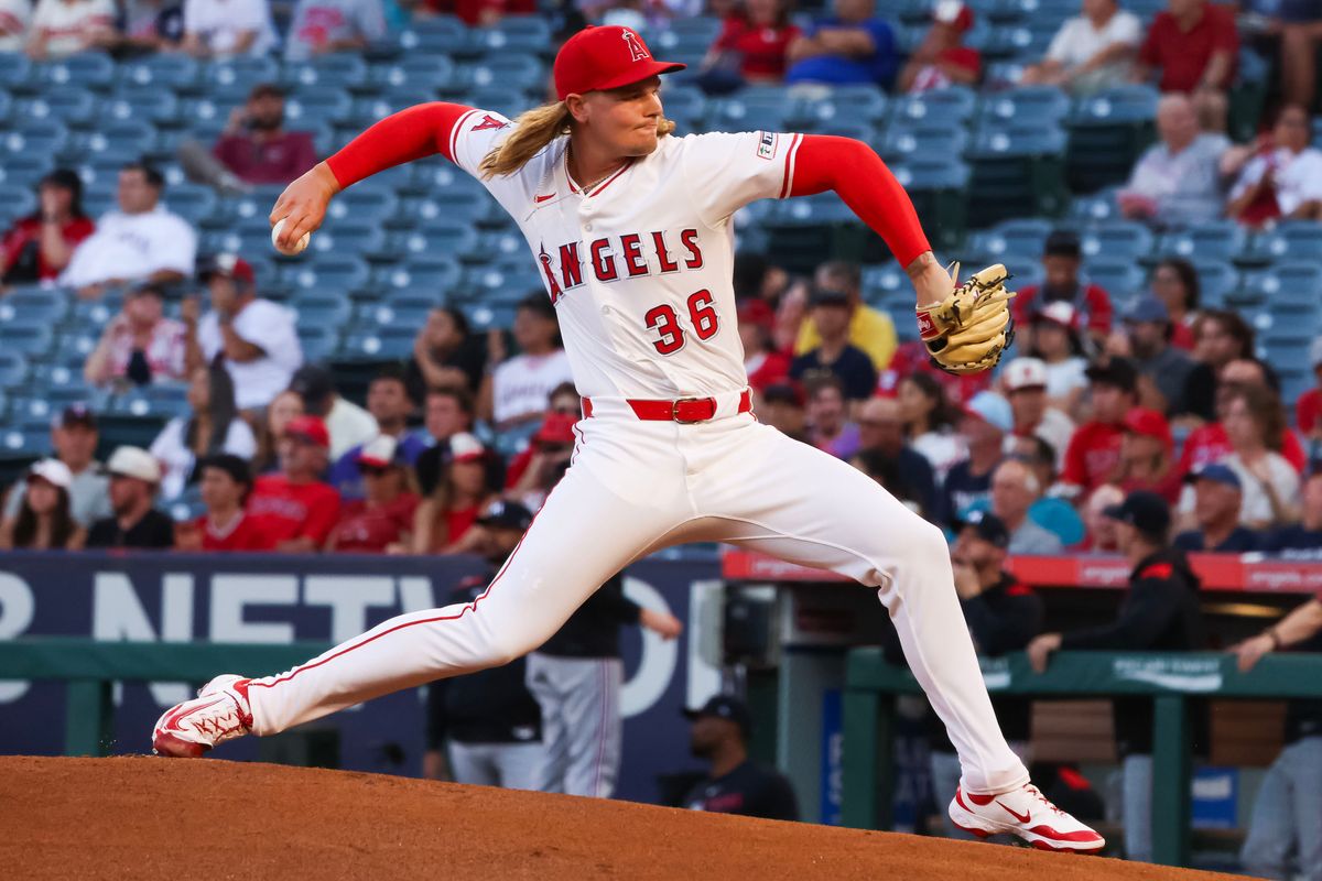 Los Angeles Angels right handed pitcher Caden Dana (36) delivers a pitch during the MLB game against the Minnesota Twins Monday September 8th, 2025 at Angel's Stadium in Anaheim, Calif.