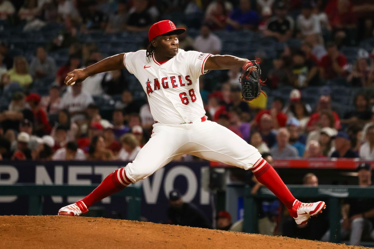 Los Angeles Angels right handed pitcher José Fermin (68) delivers a pitch during the MLB game against the Minnesota Twins Monday September 8th, 2025 at Angel's Stadium in Anaheim, Calif.