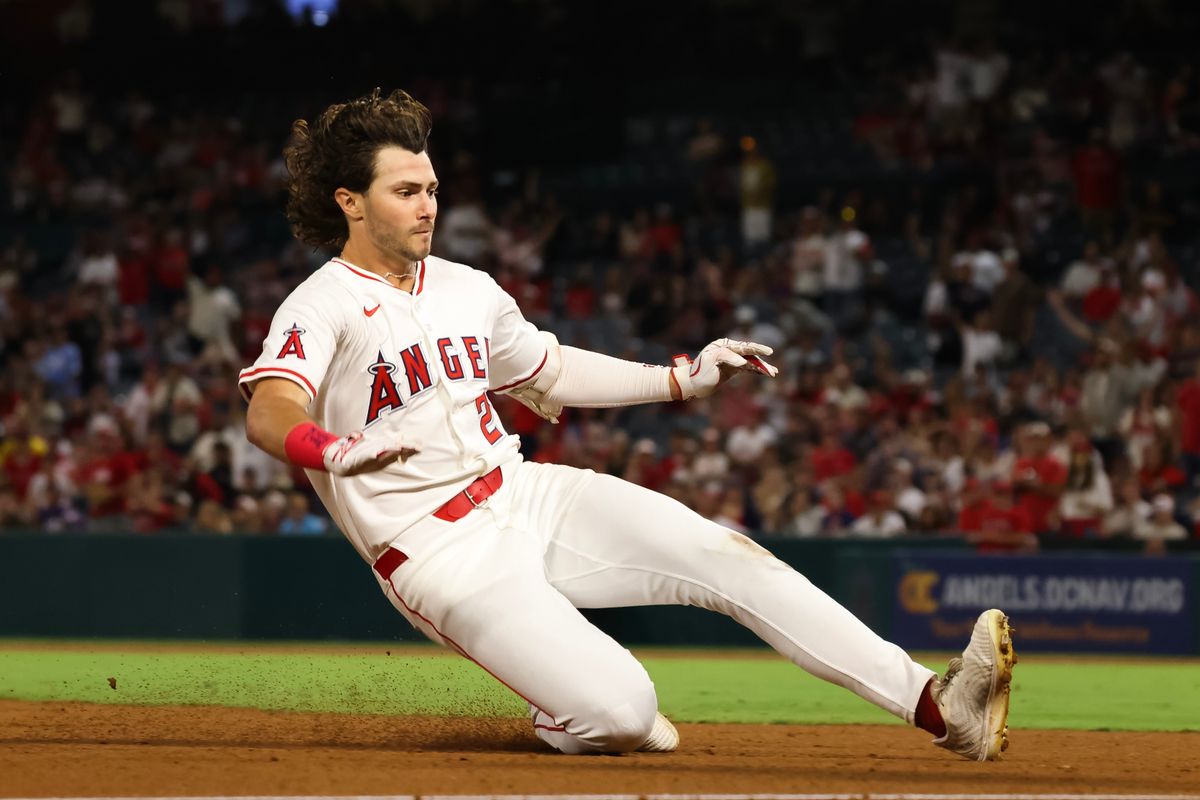 Los Angeles Angels outfielder Bryce Teodosio (22) slides during the MLB game against the Minnesota Twins Monday September 8th, 2025 at Angel's Stadium in Anaheim, Calif.
