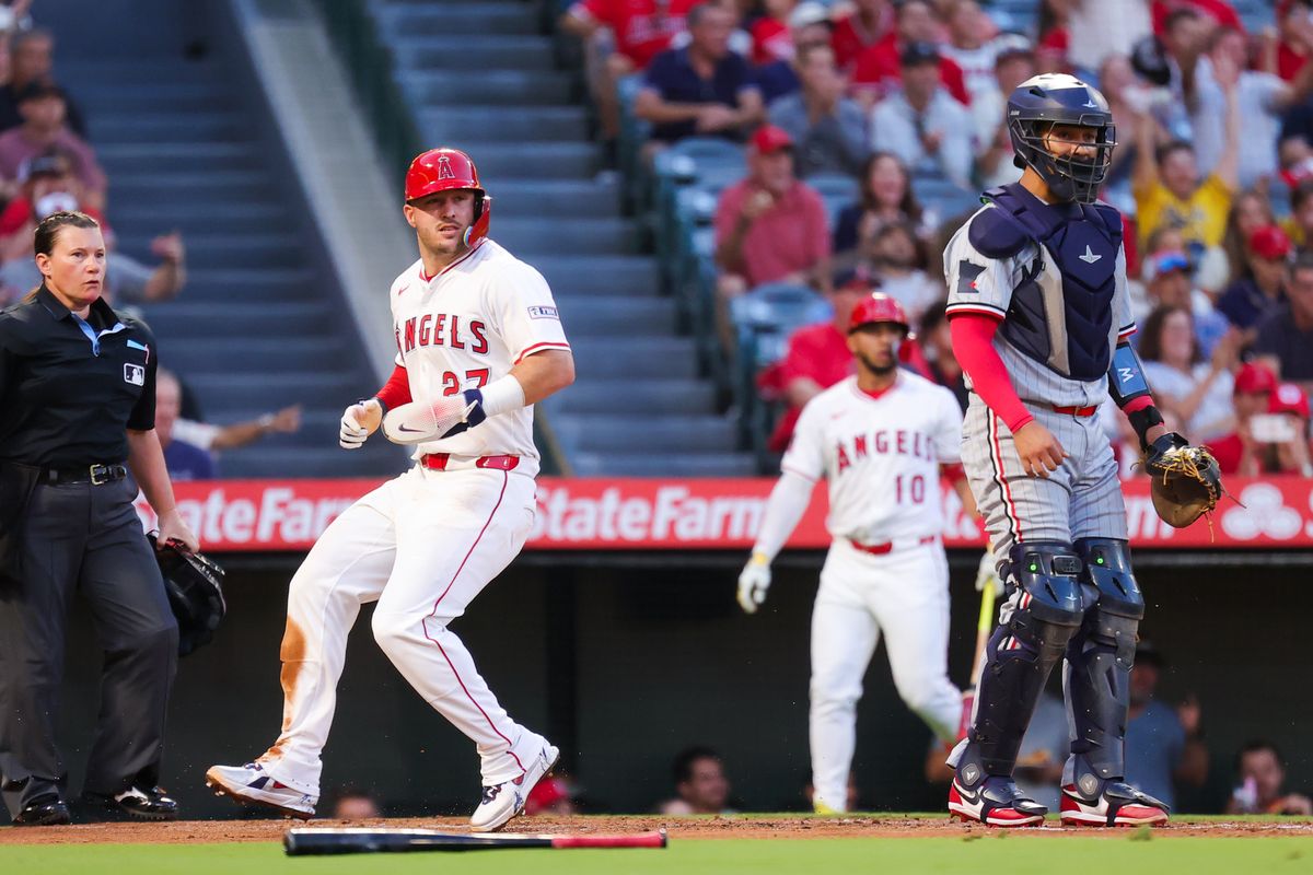 #27 Mike Trout of the Los Angeles Angels scores a run during an MLB game against the Minnesota Twins Tuesday September 9, 2025 in Anaheim, CA.