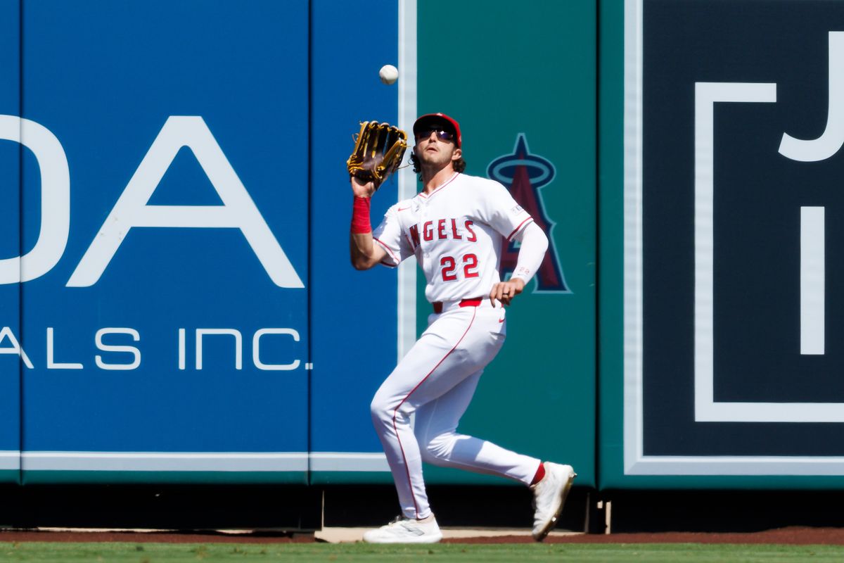 Bryce Teodosio #22 of the Los Angeles Angels catches a fly ball during the game against the Minnesota Twins at Angel Stadium of Anaheim on September 10, 2025 in Anaheim, California. Bryce Teodosio #22 of the Los Angeles Angels catches a fly ball during the game against the Minnesota Twins at Angel Stadium of Anaheim on September 10, 2025 in Anaheim, California.