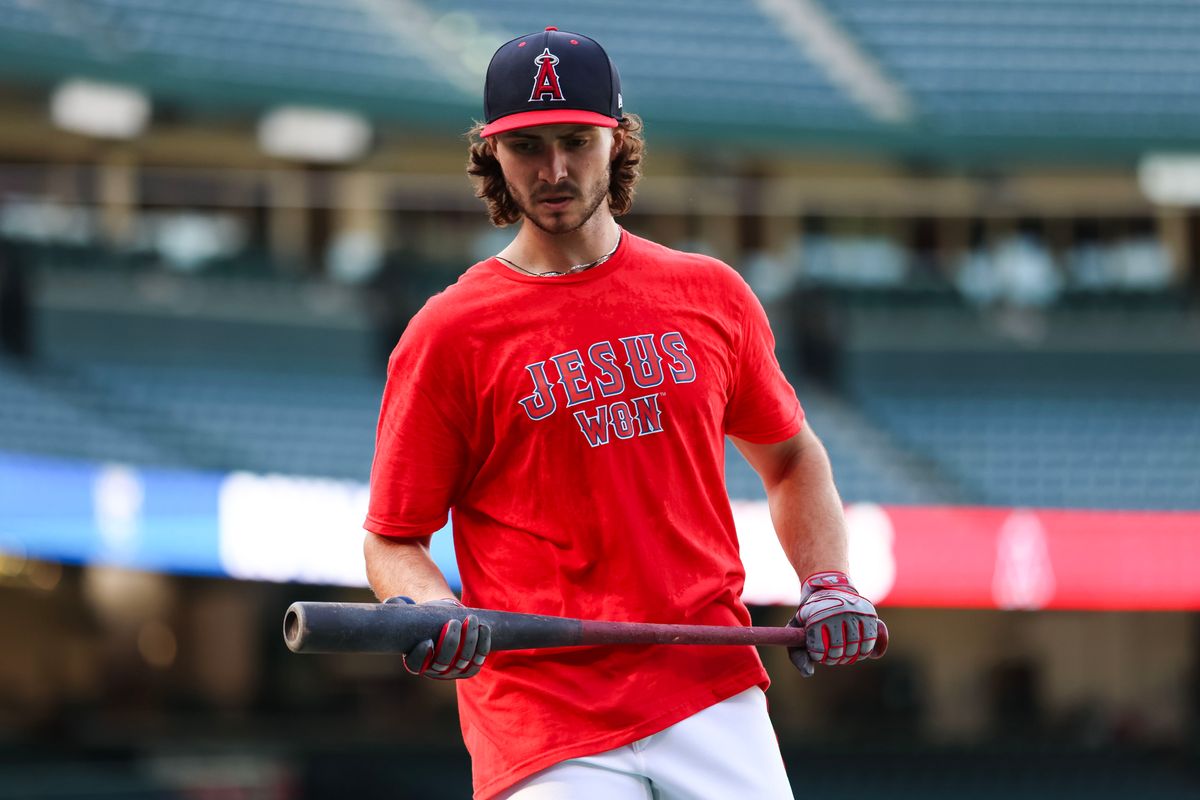 Los Angeles Angels outfielder Bryce Teodosio (22) warms up before the MLB game against the Kansas City Royals Tuesday September 23rd, 2025 at Angel's Stadium in Anaheim, Calif.