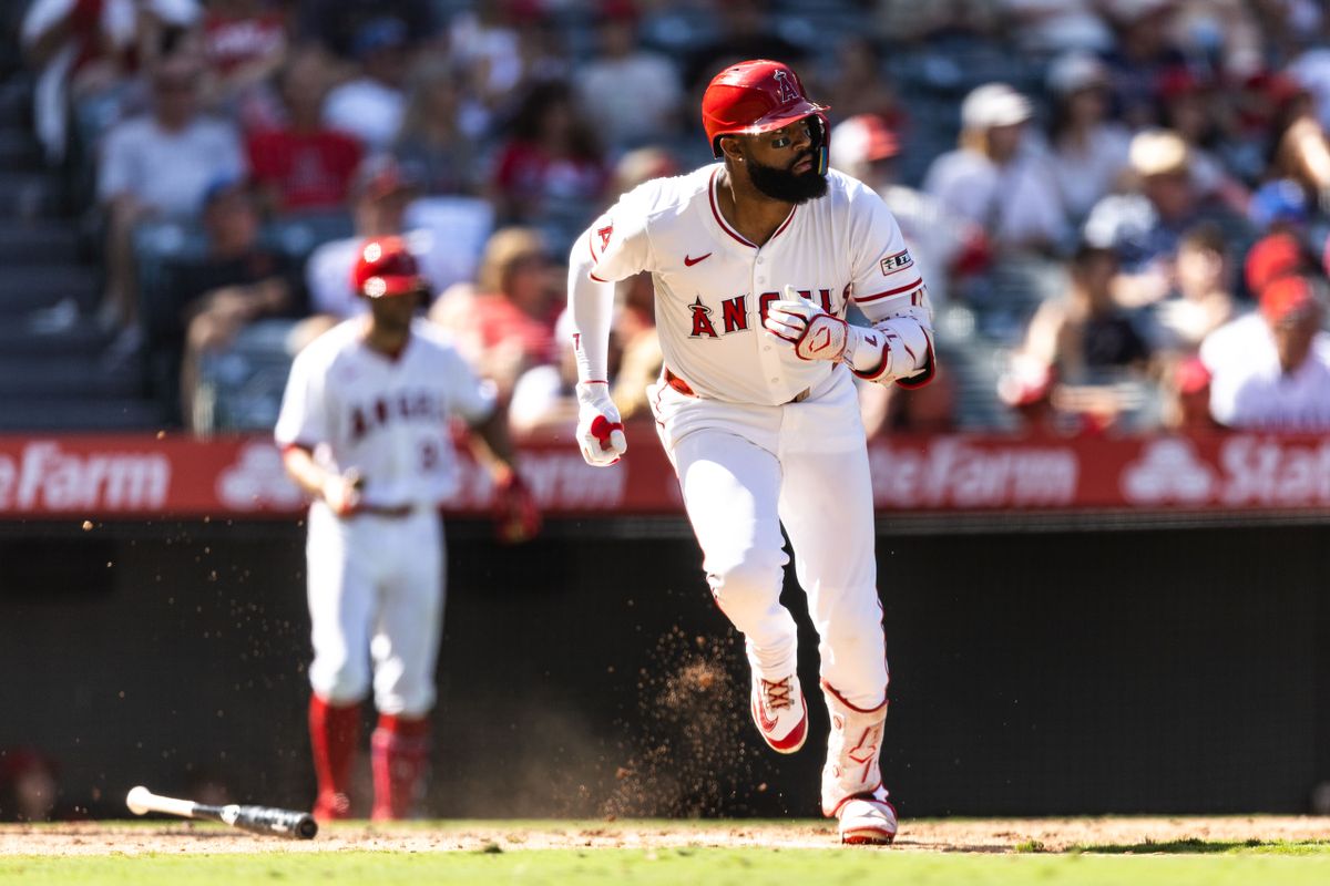 Los Angeles Angels outfielder Jo Adell (7) gets a run to first base during the MLB game against the Houston Astros on Sunday, September 28, 2025, at Angel Stadium in Anaheim, Calif.