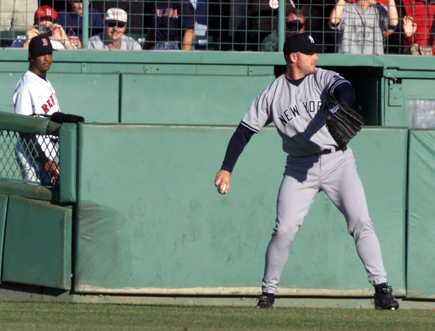 Sox pitcher Pedro Martinez watched Yankees starter Roger Clemens warm up before Game 3 of the 1999 ALCS. Martinez and the Sox won that game, 13-1, but the Yankees took the series 4-1 en route to a World Series victory.