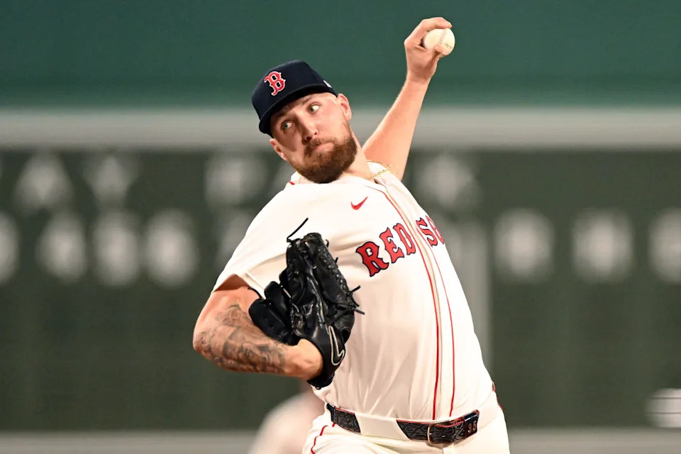 Sep 14, 2025; Boston, Massachusetts, USA; Boston Red Sox starting pitcher Garrett Crochet (35) pitches against the New York Yankees during the first inning at Fenway Park. Mandatory Credit: Brian Fluharty-Imagn Images