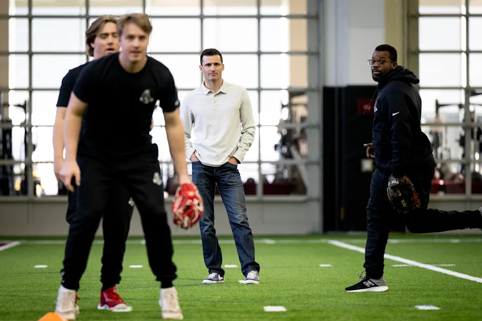BOSTON, MA - JANUARY 15:  Boston Red Sox Assistant General Manage Paul Toboni looks on as players workout during  2024 Boston Red Sox Rookie Development Week on January 15, 2024 at the Boston College Fish Field House in Boston, Massachusetts. (Photo by Maddie Malhotra/Boston Red Sox/Getty Images)