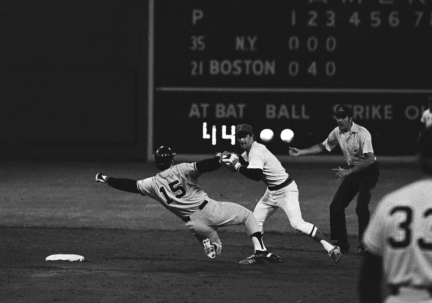 The fight between Munson and Fisk engendered some bad feelings between the two teams. Here, Munson goes well out of his way to slide into Sox shortstop Rick Burleson during a regular season game in 1978.