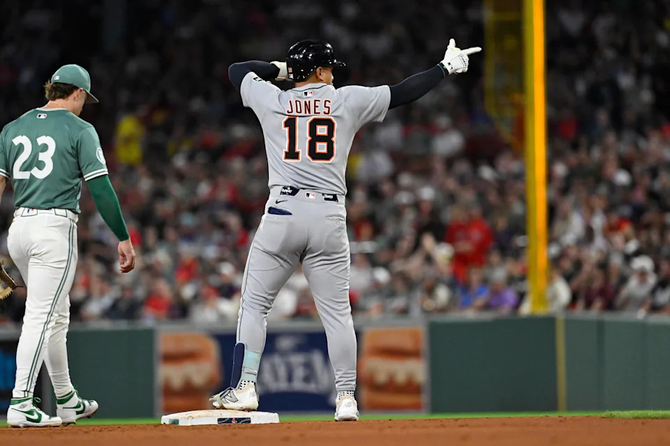 Detroit Tigers designated hitter Jahmai Jones (18) reacts to hitting a two run RBI double against the Boston Red Sox during the fourth inning at Fenway Park in Boston on Friday, Sept. 26, 2025.