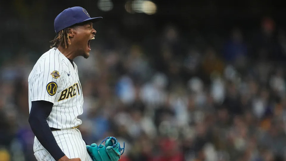 Abner Uribe #45 of the Milwaukee Brewers celebrates - Getty Images