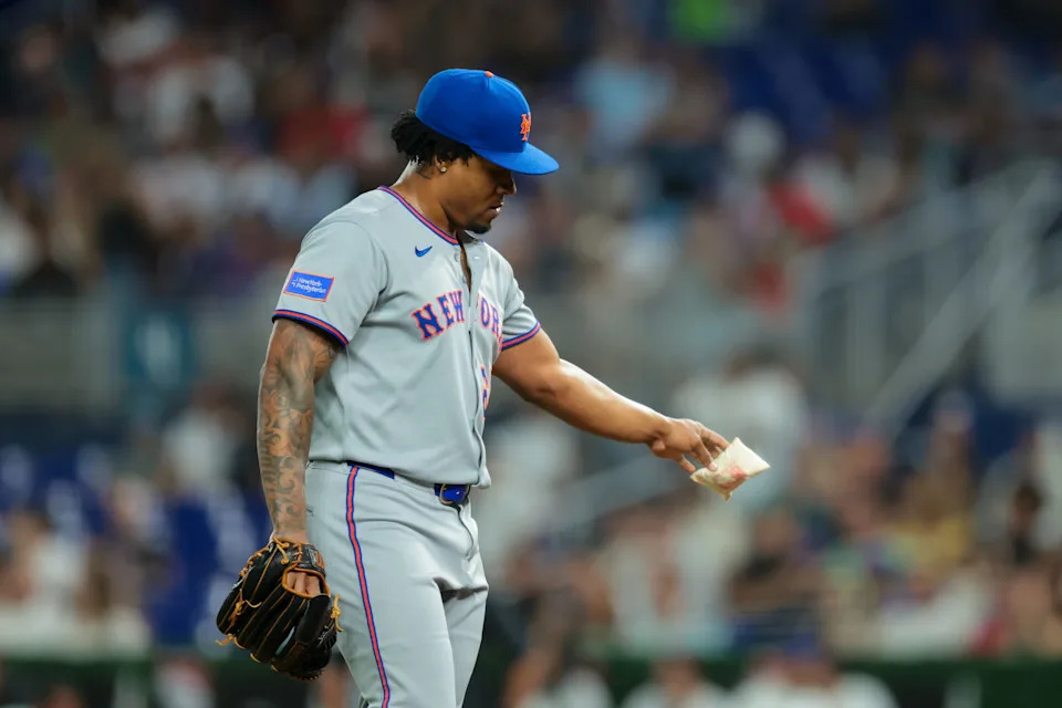 New York Mets relief pitcher Gregory Soto tosses a rosin bag after allowing a two-run home run to Miami Marlins pinch hitter Connor Norby