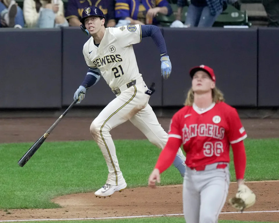 Milwaukee Brewers outfielder Christian Yelich hits a two-run home run off Los Angeles Angels pitcher Caden Dana (36) during the fourth inning of their game Tuesday, September 16, 2025 at American Family Field in Milwaukee, Wisconsin.