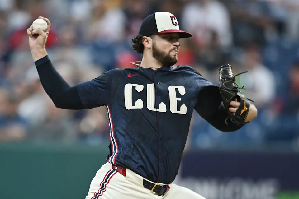 Cleveland Guardians starting pitcher Slade Cecconi throws a pitch against the Texas Rangers on Sept. 26, 2025, in Cleveland.