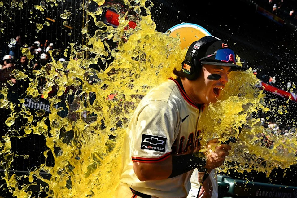 Drew Gilbert gets doused with Gatorade after a Giants’ win over the Orioles. AP