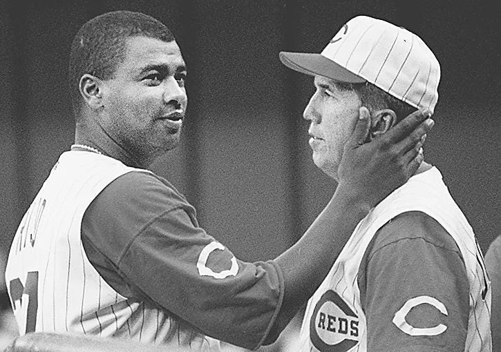Reds pitcher Jose Rijo with manager Davey Johnson in 1995, the last year the Reds won a postseason series.