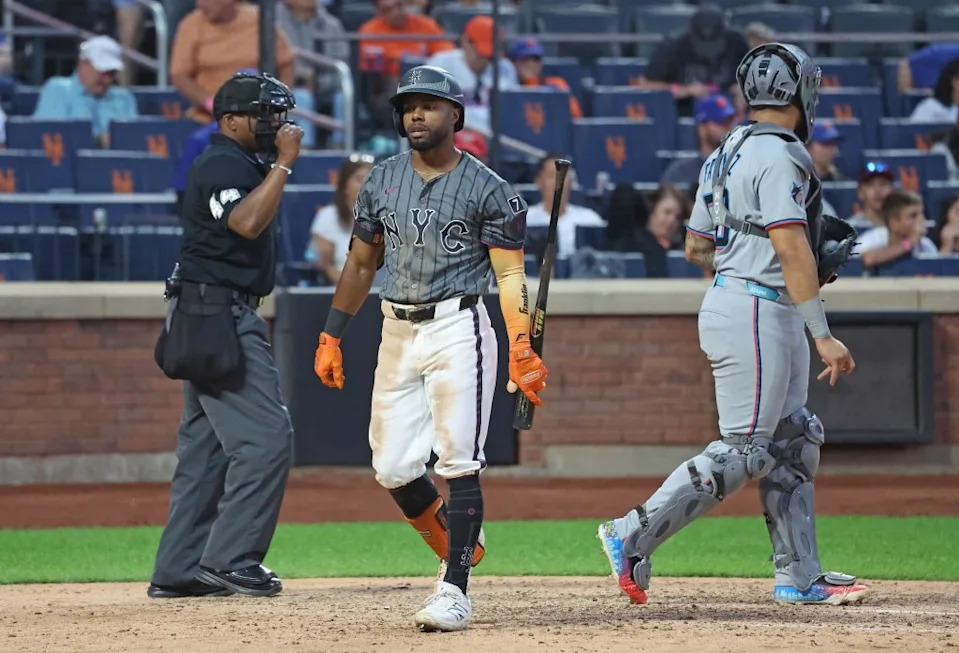 Cedric Mullins (28) reacts after he strikes out swinging with two runners on during the 9th inning when the Miami Marlins defeated the New York Mets 11-8 Saturday, August 30, 2025 at Citi Field in Queens, NY. Robert Sabo for NY Post