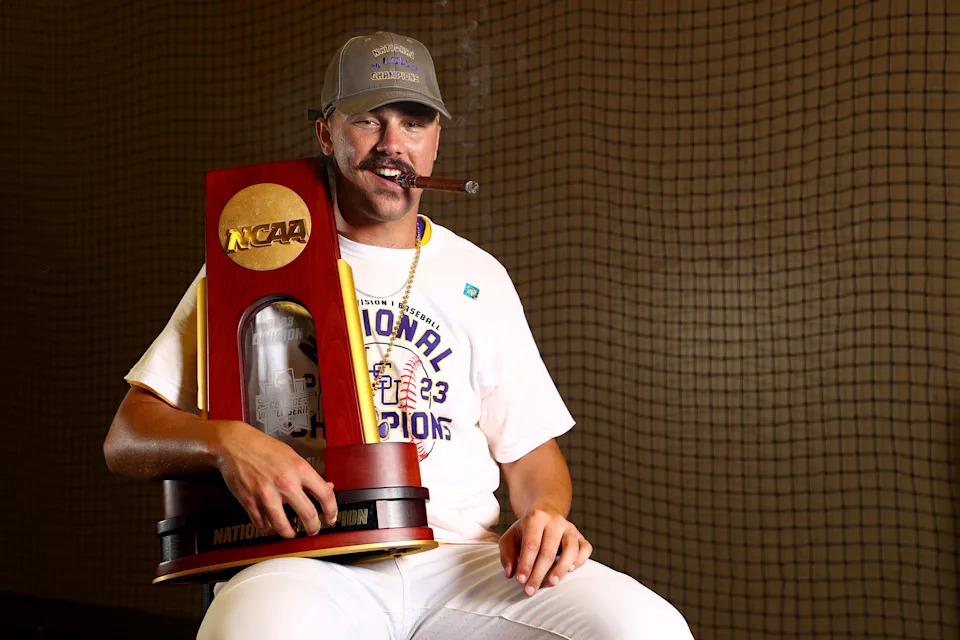 Skenes celebrates after winning the 2023 national championship. (Jamie Schwaberow/NCAA Photos via Getty Images)