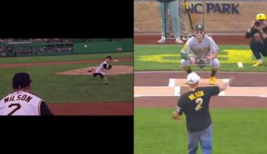 This Before and After of Oakland’s Jacob Wilson Throwing, and Now Catching, A First Pitch From His Father Last Night In Pittsburgh Is Further Proof Baseball Is As Romantic As It Gets