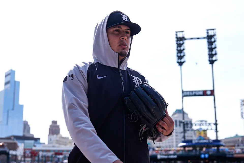 Detroit Tigers pitcher Keider Montero (54) walks towards the dugout after warmup against Atlanta Braves at Comerica Park in Detroit on Saturday, Sept. 20, 2025.