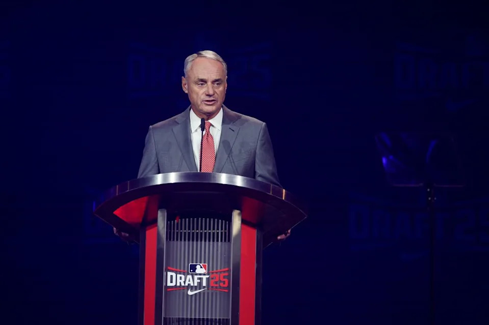 MLB Commissioner Rob Manfred opens the 2025 MLB Draft at The Coca-Cola Roxy. Brett Davis-Imagn Images