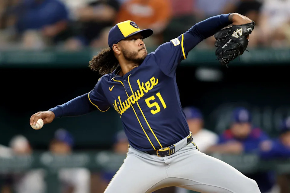 ARLINGTON, TEXAS - SEPTEMBER 10: Freddy Peralta #51 of the Milwaukee Brewers throws a pitch during the first inning against the Texas Rangers at Globe Life Field on September 10, 2025 in Arlington, Texas. (Photo by Tim Heitman/Getty Images)
