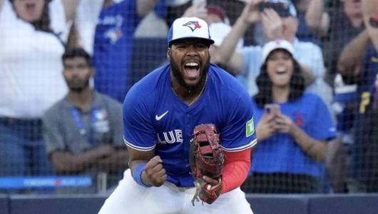 Toronto Blue Jays first baseman Vladimir Guerrero Jr celebrates the final out versus the Tampa Bay Rays as the Blue Jays become American League East Champions.