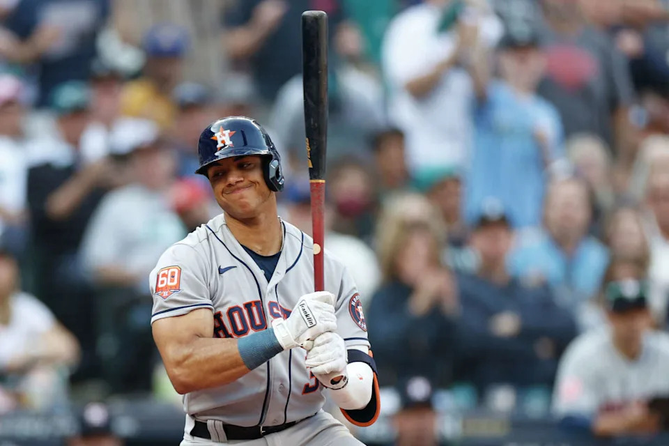 Jeremy Pena #3 of the Houston Astros reacts to striking out during the eighth inning against the Seattle Mariners in game three of the American League Division Series at T-Mobile Park on October 15, 2022 in Seattle, Washington. (Steph Chambers/Getty Images)