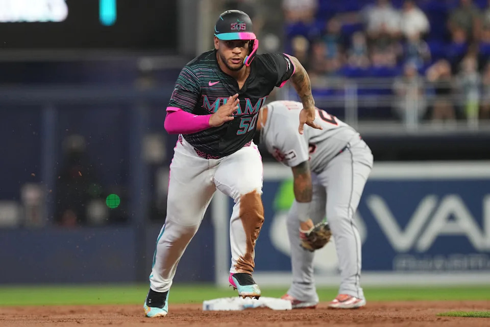 Miami Marlins designated hitter Agustin Ramirez (50) advances to third base on a throwing error by Detroit in the first inning at loanDepot Park in Miami on Saturday, Sept. 13, 2025.