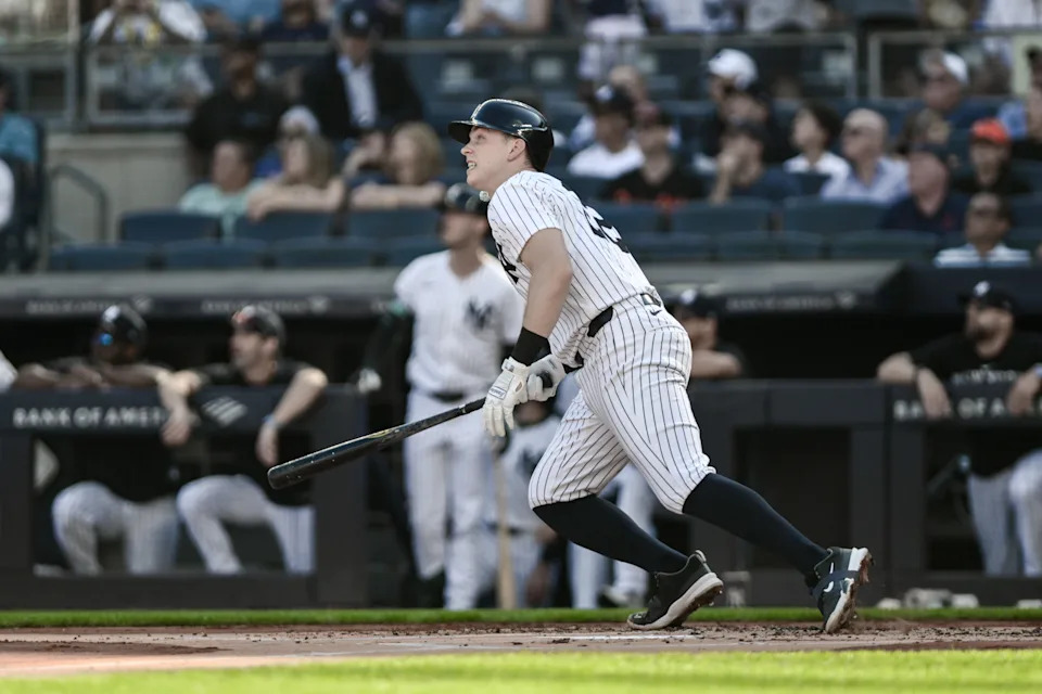 Sep 28, 2025; Bronx, New York, USA; New York Yankees first baseman Ben Rice (22) hits a solo home run against the Baltimore Orioles during the first inning at Yankee Stadium. Mandatory Credit: John Jones-Imagn Images