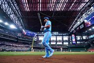 Texas Rangers shortstop Corey Seager prepares for an at-bat during a baseball game against...