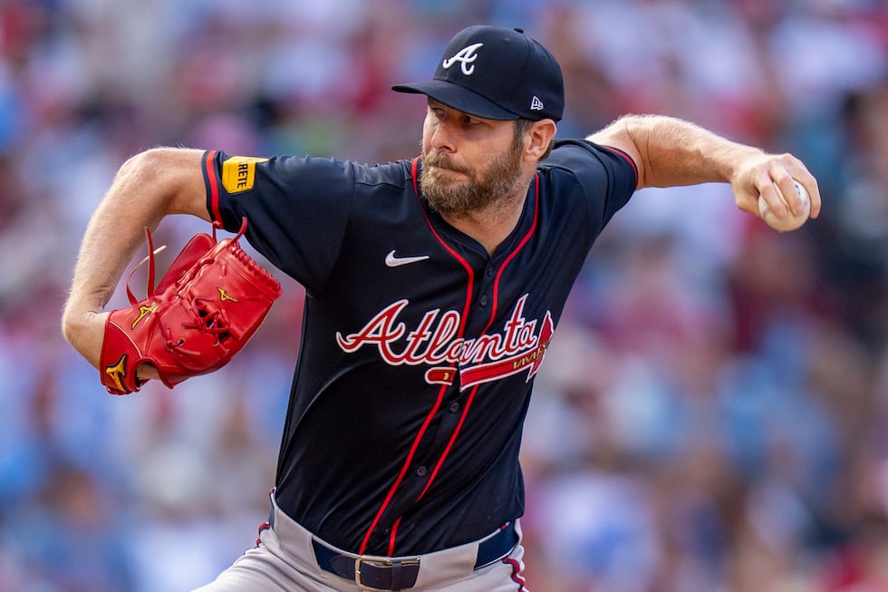 Atlanta Braves starting pitcher Chris Sale delivers during the first inning of a baseball game...