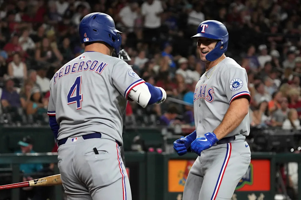 Can Wyatt Langford, right, and Joc Pederson power the Rangers to a surprise playoff berth? (AP Photo/Rick Scuteri)