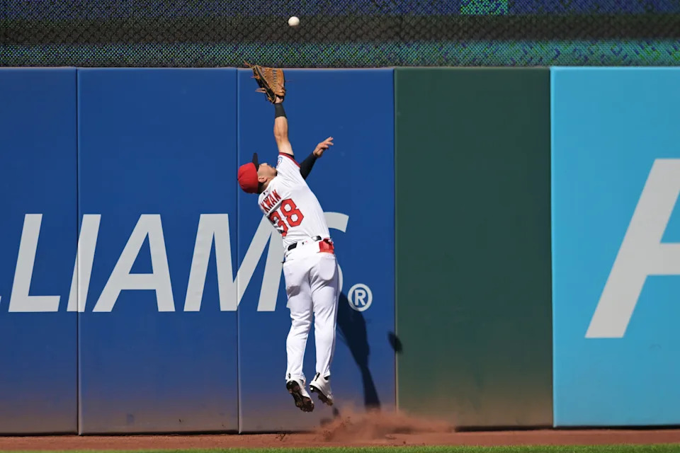 Sep 14, 2025; Cleveland, Ohio, USA; Cleveland Guardians left fielder Steven Kwan (38) catches a ball hit by Chicago White Sox left fielder Will Robertson (not pictured) during the second inning at Progressive Field. Mandatory Credit: Ken Blaze-Imagn Images