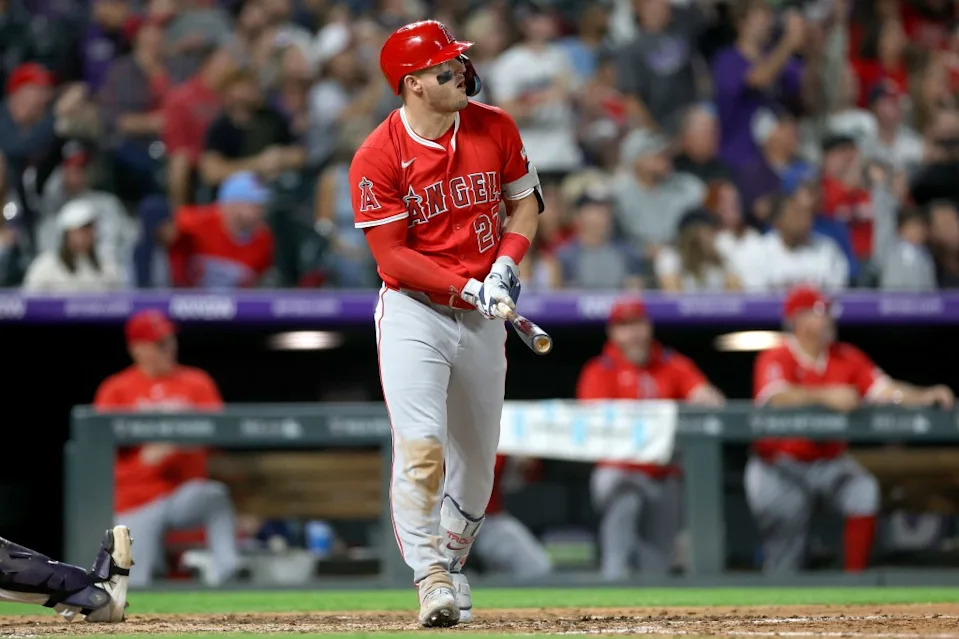 Mike Trout belts his 400th career homer in the eighth inning of the Angels’ win over the Rockies. Getty Images