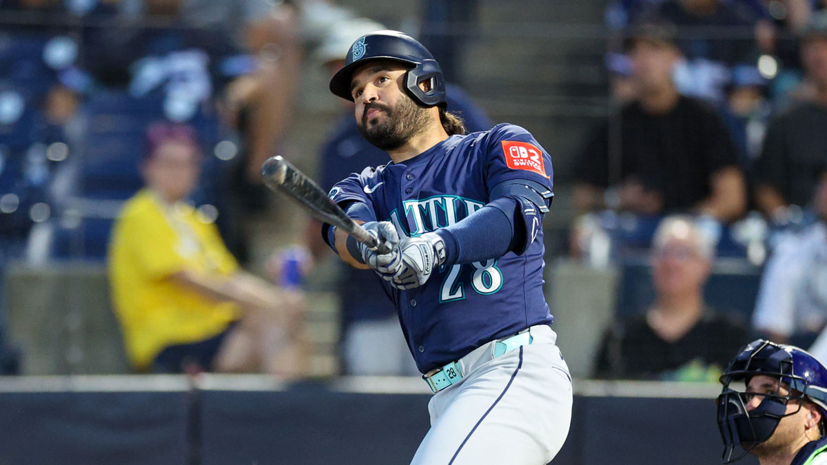 Seattle Mariners third baseman Eugenio Suarez (28) doubles against the Tampa Bay Rays in the second inning at George M. Steinbrenner Field.