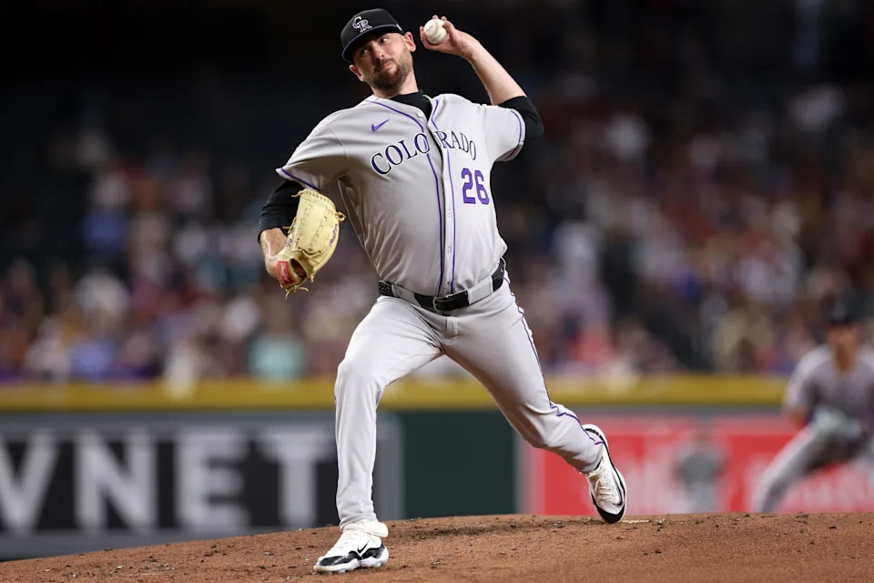 Starter Austin Gomber #26 of the Colorado Rockies pitches during the first inning against the Arizona Diamondbacks at Chase Field on Aug. 8, 2025, in Phoenix.