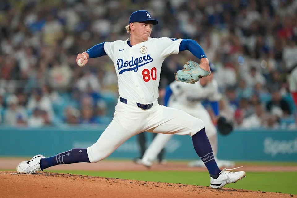 Dodgers relief pitcher Emmet Sheehan throws to the plate during the first inning of a loss to the Philadelphia Phillies.