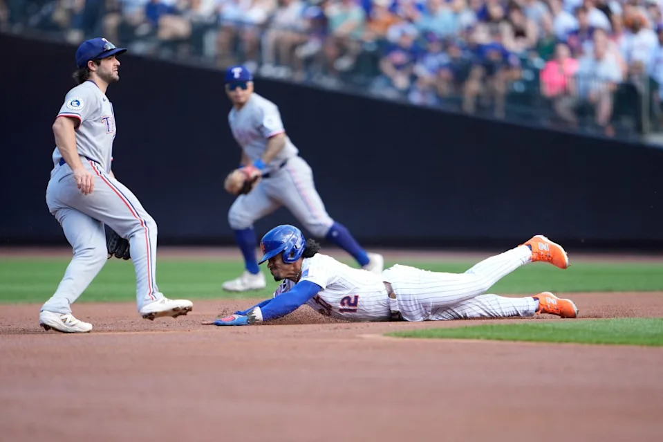 Francisco Lindor steals second base during the Mets-Rangers game on Sept. 14, 2025. IMAGN IMAGES via Reuters Connect