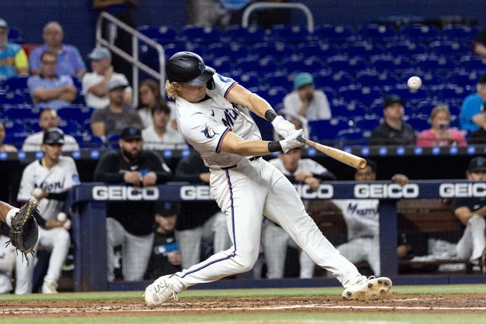 Miami Marlins batter Joey Wiemer (41) homers on a fly ball to left field during the second inning of an MLB game against the Washington Nationals at loanDepot park on Tuesday, September 9, 2025, in Miami, Fla.
