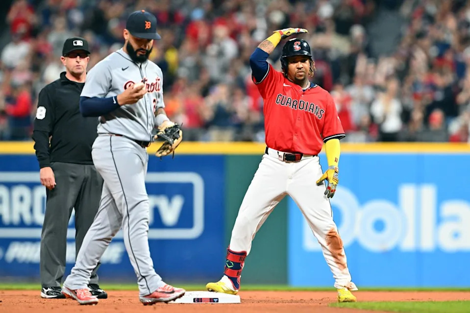 José Ramírez of the Cleveland Guardians celebrates after hitting a double during the first inning against the Detroit Tigers at Progressive Field on September 24, 2025 in Cleveland, Ohio. Getty Images