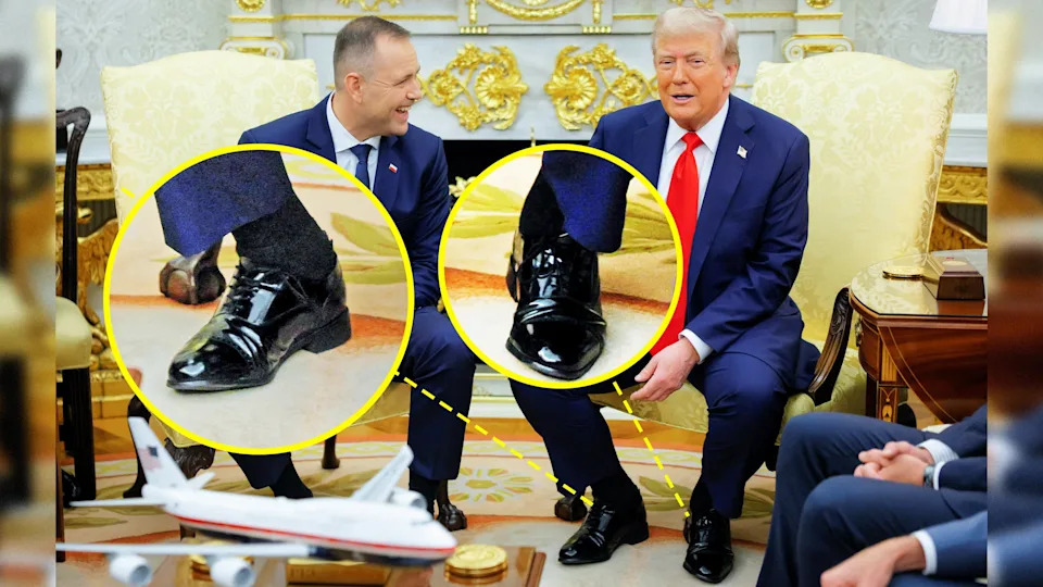 President Donald Trump's swollen ankles could be seen as he hosted the President of Poland Karol Nawrocki in the Oval Office at the White House in Washington, D.C., on Sept. 3, 2025. / The Daily Beast/Reuters